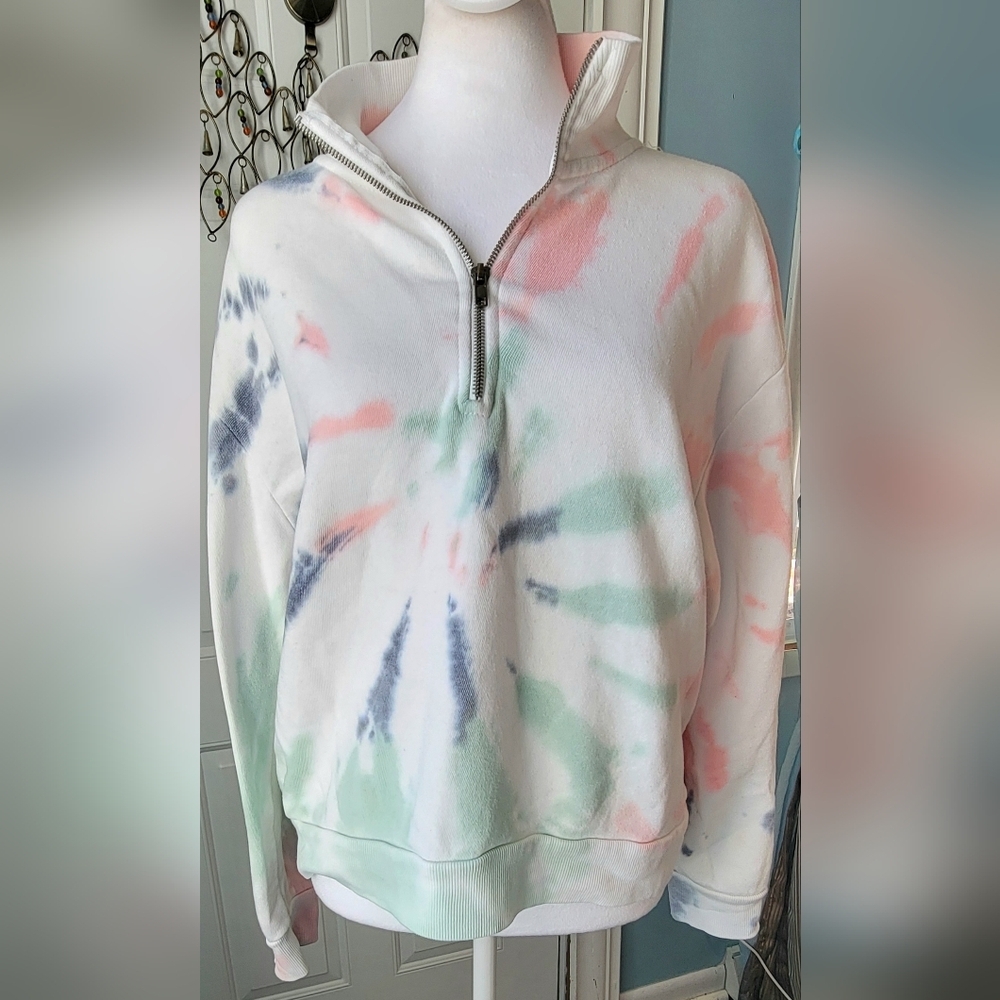 Vintage Havanna 1/4 Zip Cropped Sweatshirt Womens M White Multi Tie Dye Oversize
